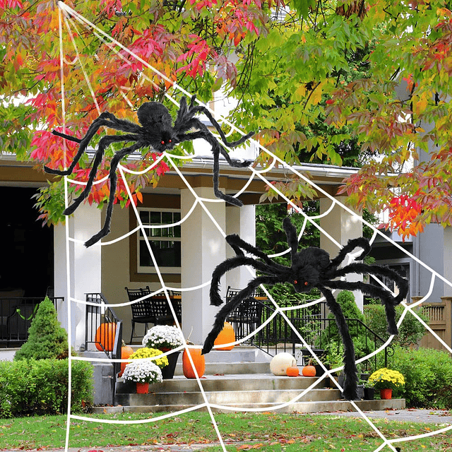 Halloween 200 pulgadas enorme telaraña con 2 arañas peludas