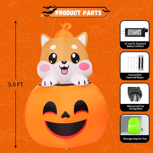 Inflable de Halloween de 5 pies, perro tumbado en calabaza,