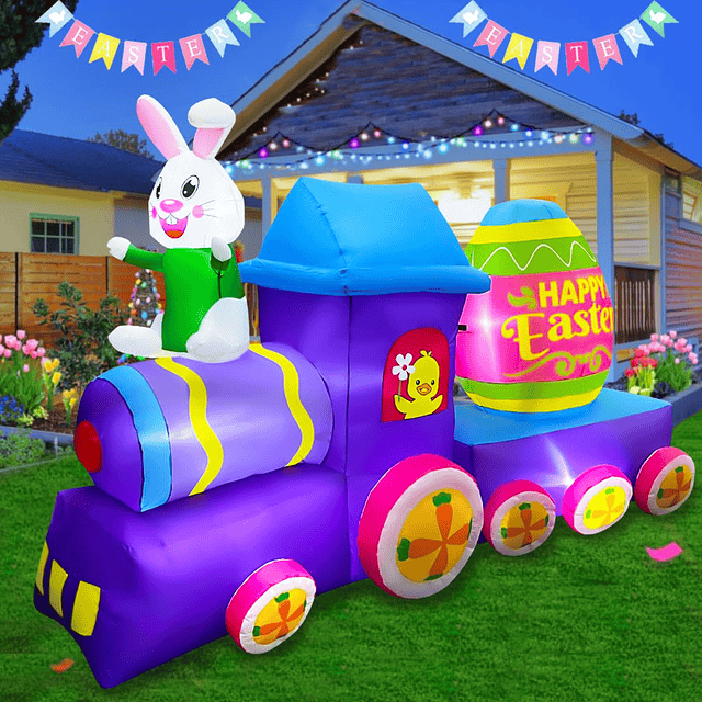 Tren de conejito inflable de Pascua de 8 pies con decoracion