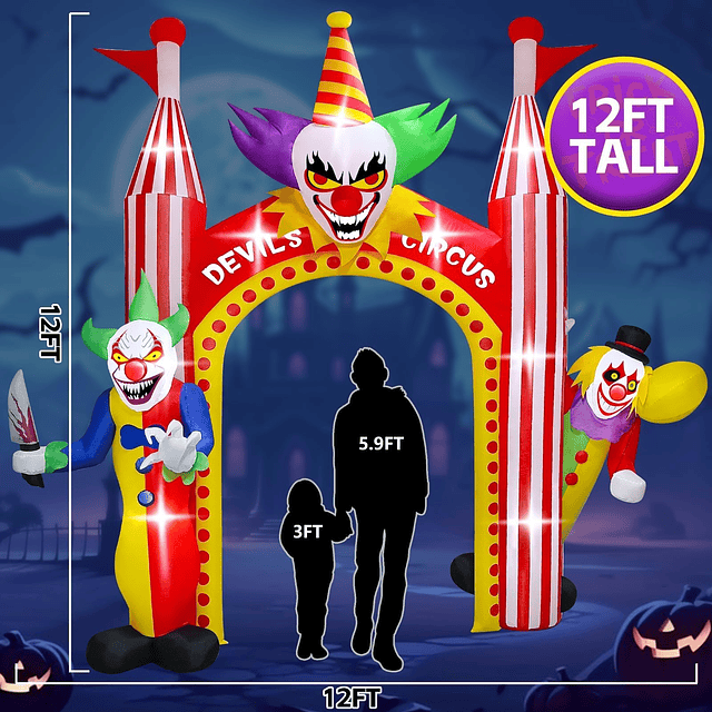 12 pies Inflable de Halloween arco de payaso decoraciones al