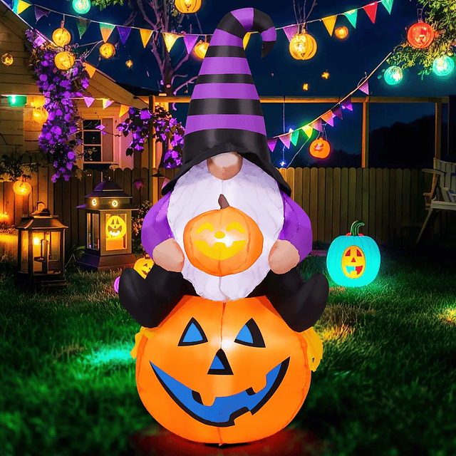 Gnomo de Halloween inflable de 5 pies con calabaza, decoraci