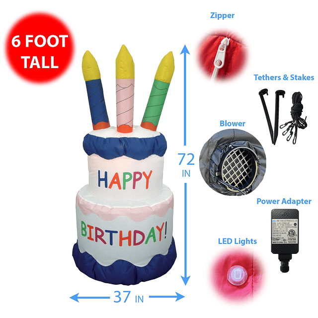 Luces LED Inflable para pastel de feliz cumpleaños de 6 pies