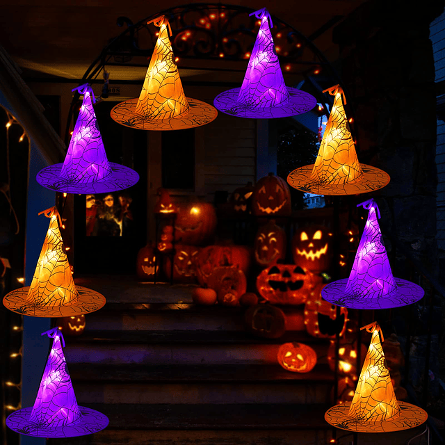 Sombrero de bruja con luces de Halloween, 56 luces LED morad