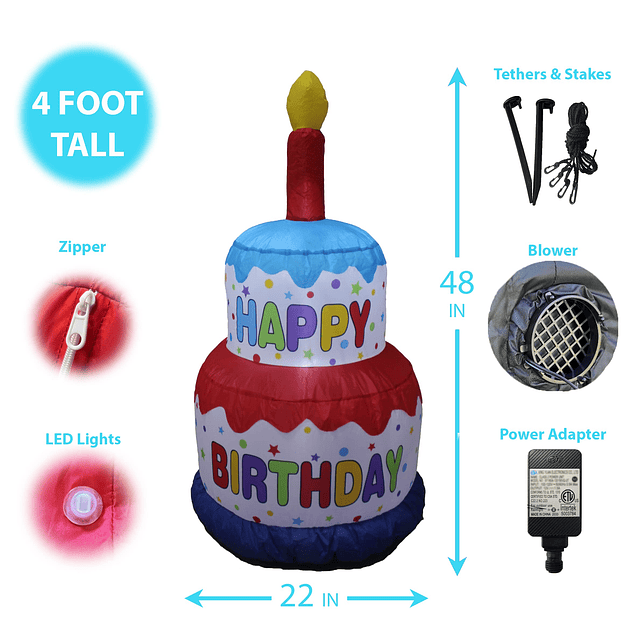 Pastel de feliz cumpleaños inflable de 4 pies de alto con ve