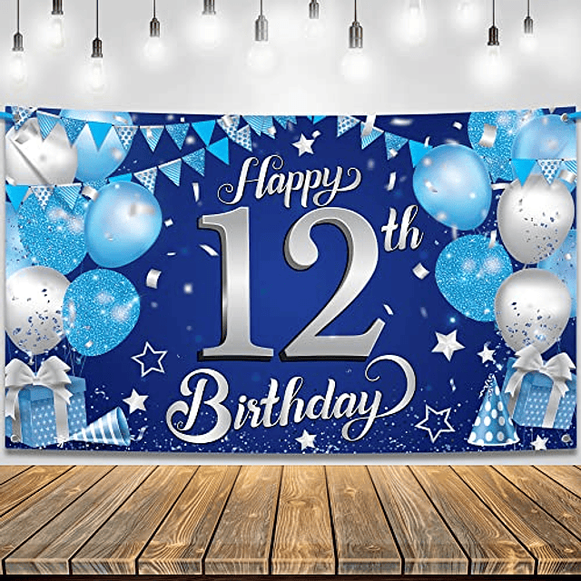 Pancarta azul de feliz cumpleaños número 12, 72 x 44 pulgada