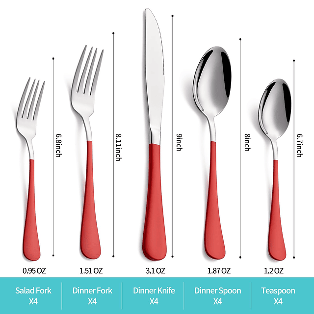 Juego de cubiertos rojos de 20 piezas para 4, juego de cubie