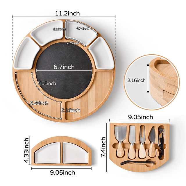 Juego de Tablas de Charcutería de Bambú, Tabla Redonda de Qu