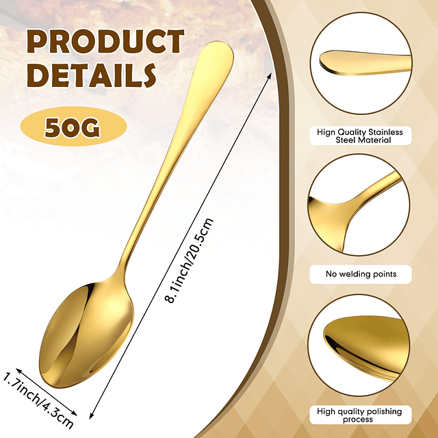 50 cucharas doradas de acero inoxidable de 8 pulgadas, cucha