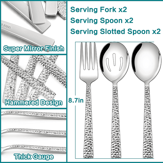 Juego de 6 utensilios para servir martillados, de acero inox