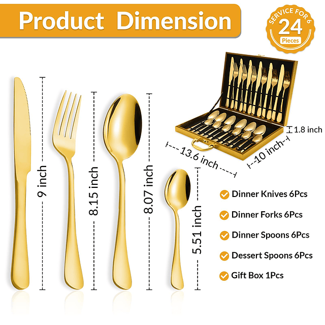 Juego de cubiertos dorados de 24 piezas con caja de regalo d