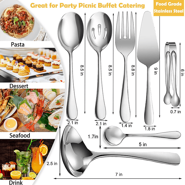 8 Piezas de Utensilios para Servir de Acero Inoxidable, Cuch