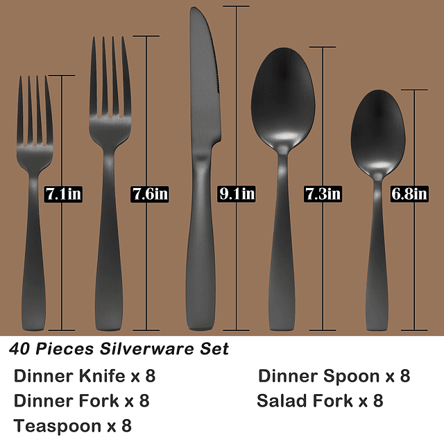 Juego de cubiertos negros, juego de cubiertos de acero inoxi