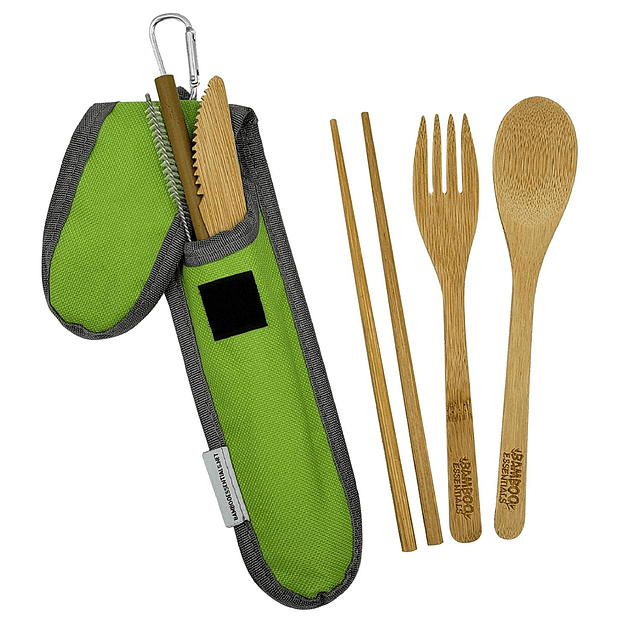 Utensilios de viaje con estuche, tenedor, cuchillo, cuchara,