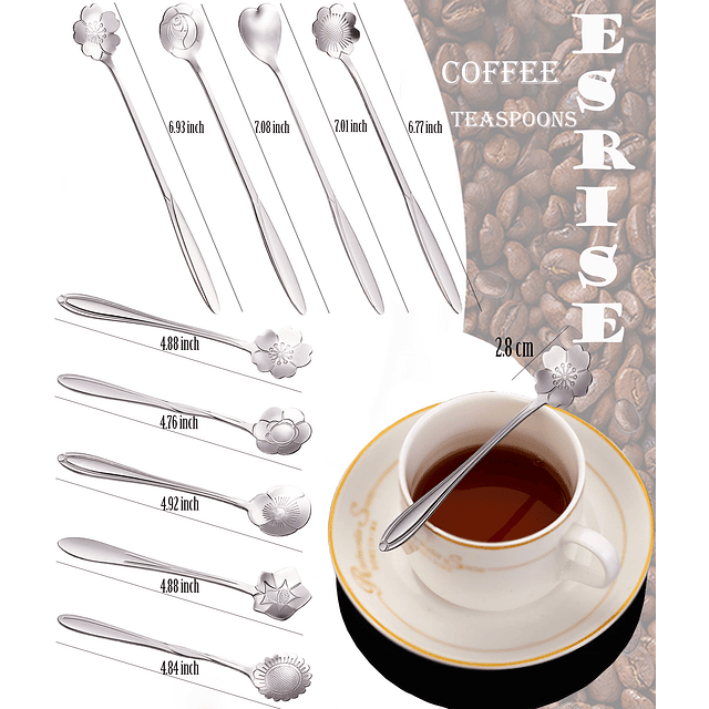 Juego de 9 cucharaditas de café con cuchara de flores, cucha