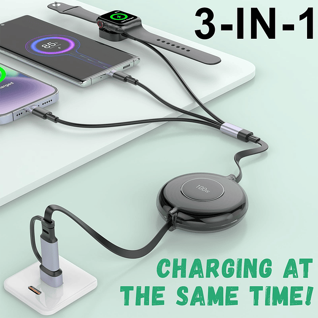 100W retráctil multi 5 en 1 USB A/tipo C a Lightning+USB C+c