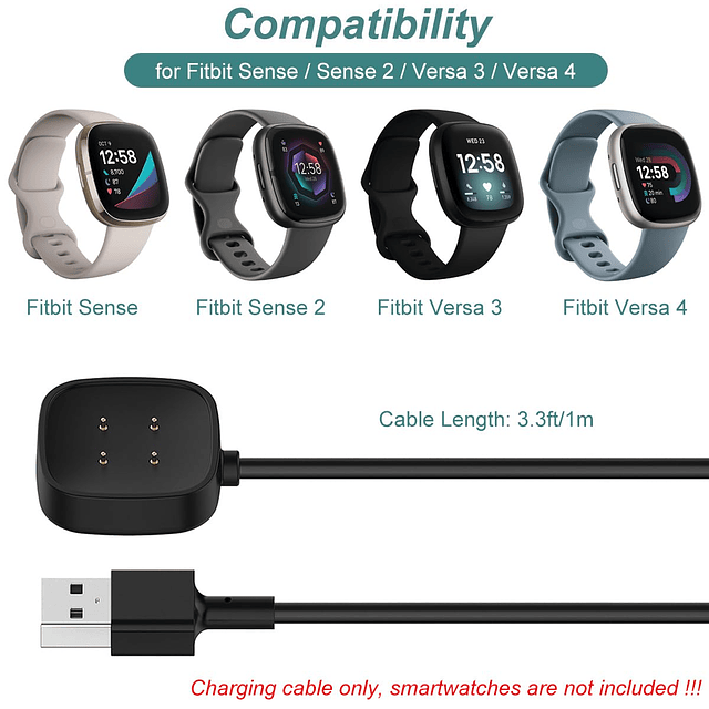 Cargador para Fitbit Sense/Sense 2/Versa 3/Versa 4, cable de