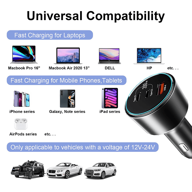 Cargador de coche USB C de 200 W, adaptador de cargador de c