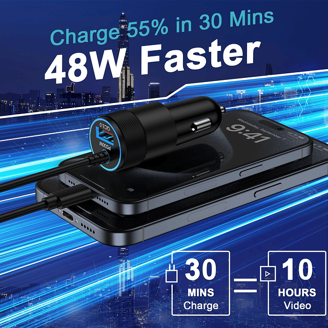 Cargador de coche rápido de 48 W USB C para iPhone 15/15 Pro