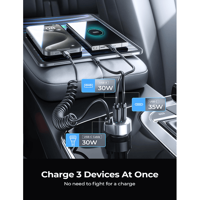 Cargador de coche USB C de 65 W, carga rápida, adaptador de