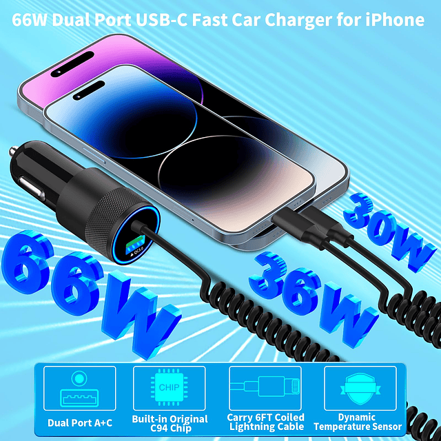 【Certificado MFi】Cargador de coche para iPhone de carga rápi