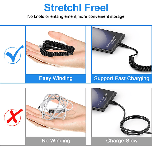 Cable USB a USB C en espiral de 3 pies para cargador de coch