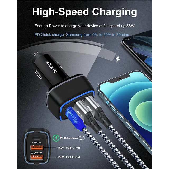 Cargador de coche PD USB C de 56 W, bloque de carga de energ