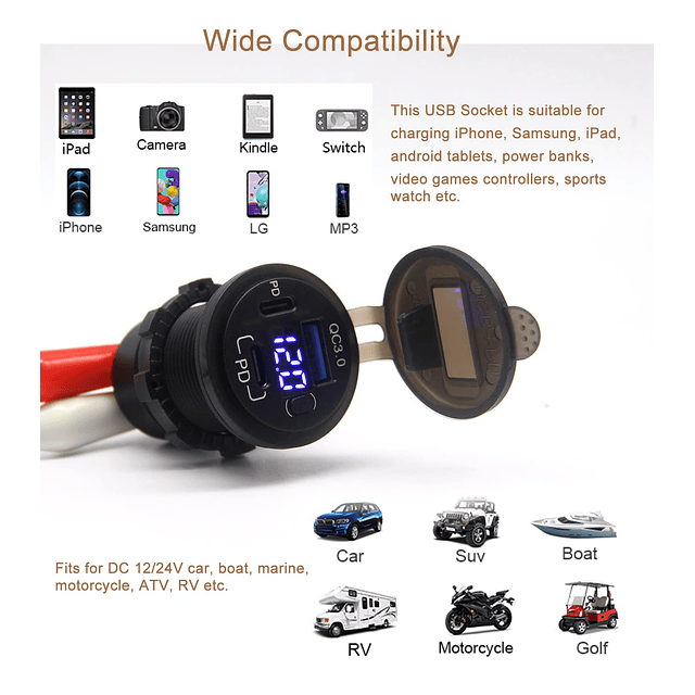 Toma USB de 12 V, toma de corriente dual USB C para cargador