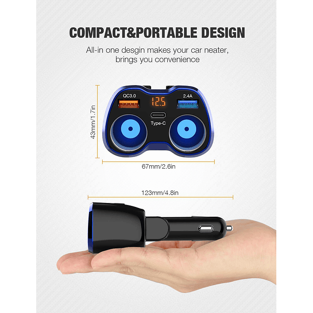 Cargador de coche, 150 W, 2 enchufes, divisor de encendedor