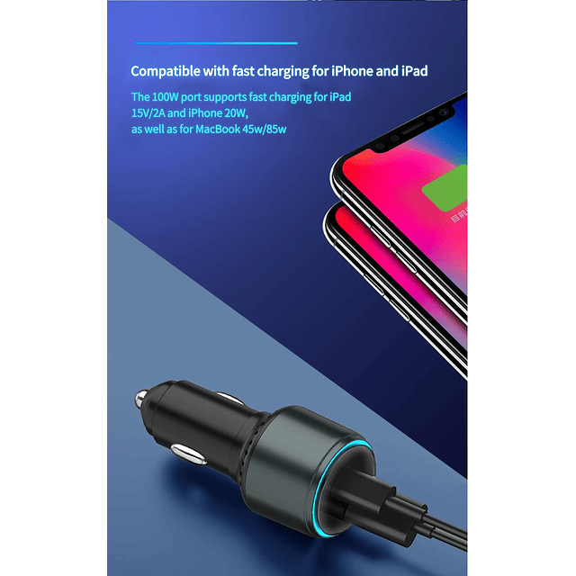 Cargador de coche dual USB C de 118 W, adaptador de cargador