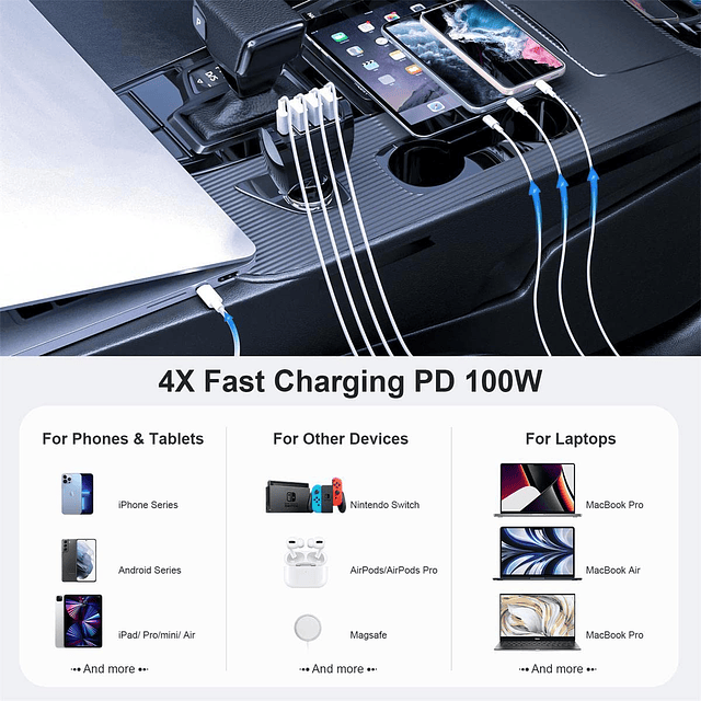 Adaptador de cargador de coche USB C de 124 W, 4 puertos USB