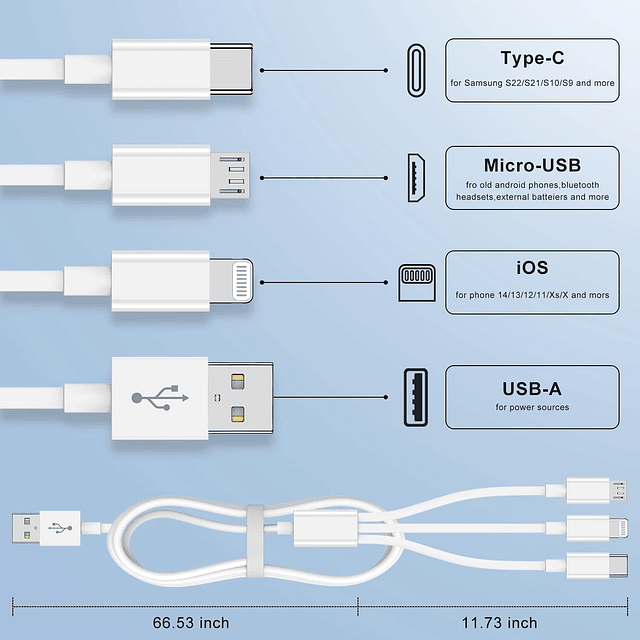 Cable de carga múltiple de 6 pies, paquete de 2, cable de ca