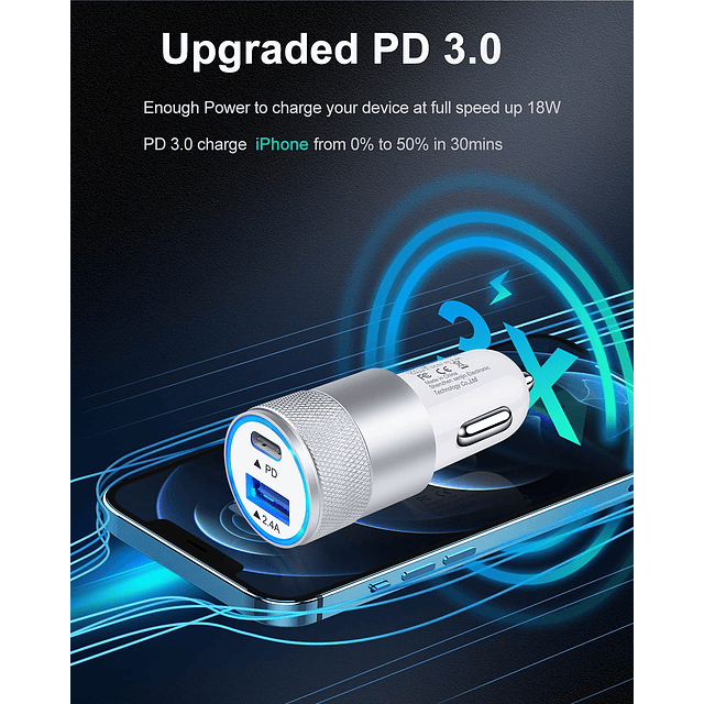 Cargador de coche USB C de 30 W, [2 unidades] 3.0 de carga r