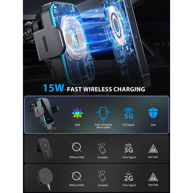 Cargador de coche inalámbrico, [7 colores RGB retroiluminado