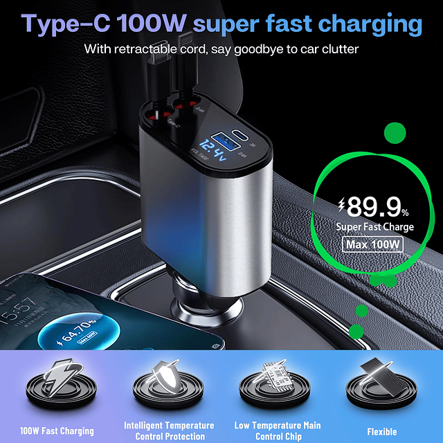 Cargador de coche retráctil con 100 W, cargador rápido de co