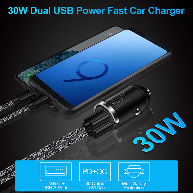 Adaptador de cargador de coche USB C, paquete de 2 PD+QC Car