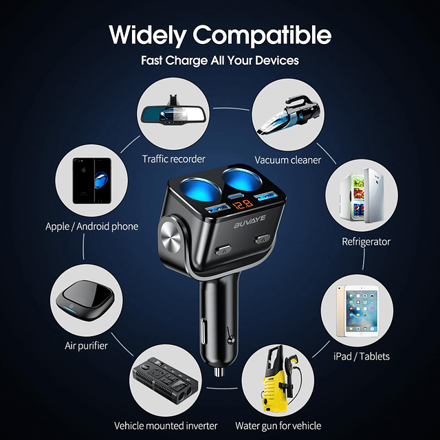 Adaptador de cargador de coche USB C 5 en 1 con monitor de v