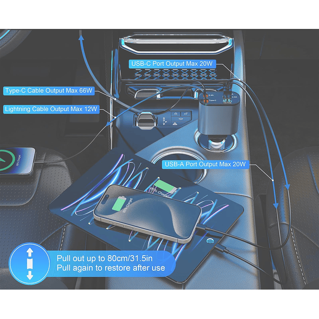 Cargador de coche retráctil: cargador rápido de teléfono par