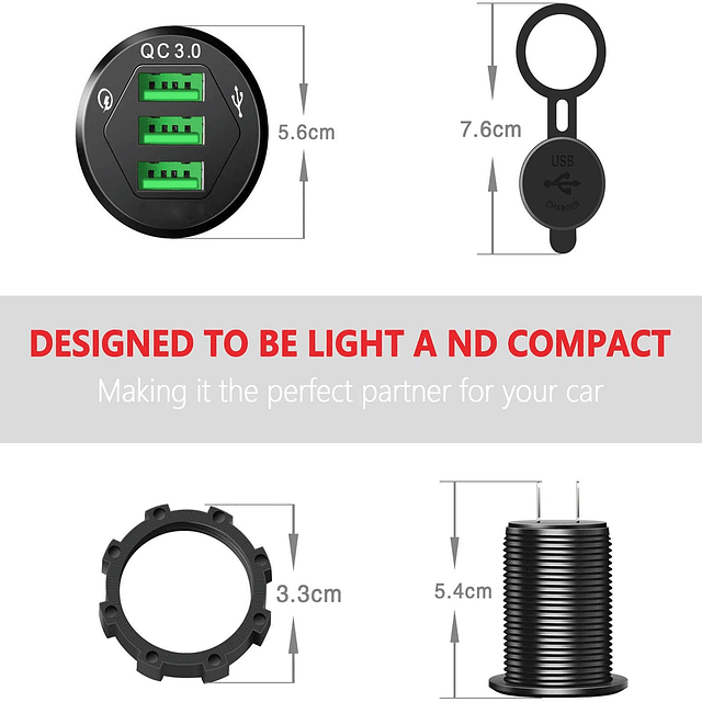 Cargador de Coche 3 USB 3.0, 12V/24V 36W QC3.0 Enchufe de Ca