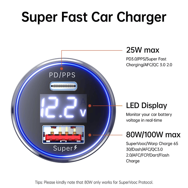 SuperVooc Cargador de Coche 100W 80W Warp Charge 65W para On