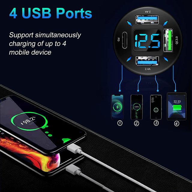 Adaptador de cargador de coche USB C de 50 W, PD QC3.0, carg