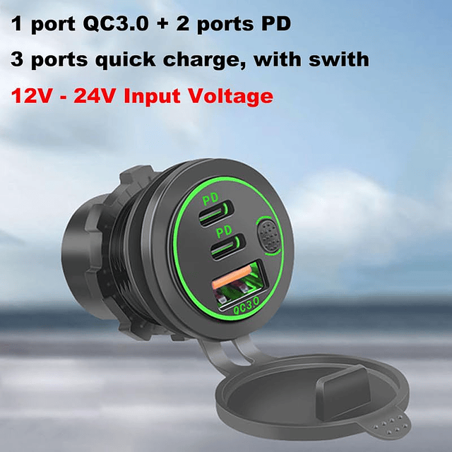 Cargador de coche USB de 3 puertos 18 W con interruptor, 12