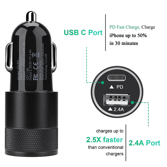 Cargador de coche USB C de 30 W, puertos duales, adaptador d