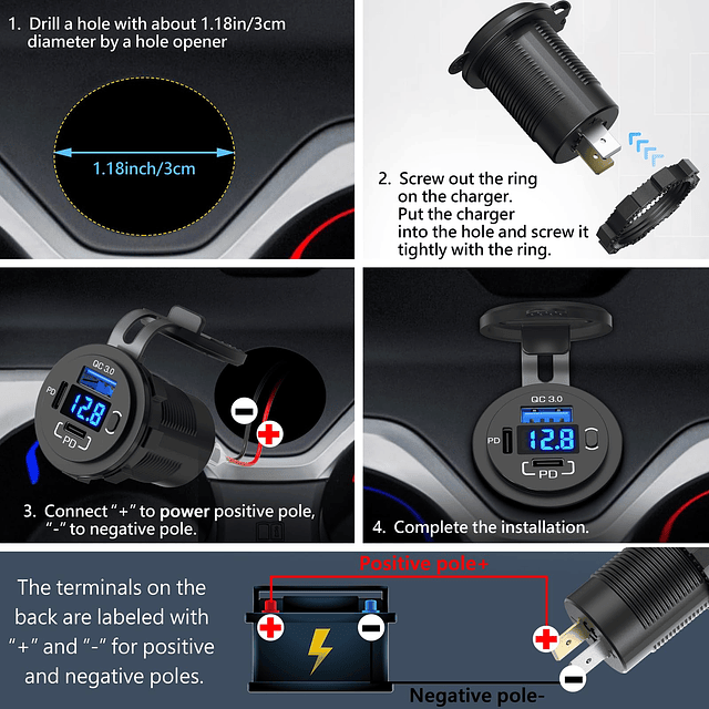 Toma USB de 12 V USB C Cargador de coche Enchufe dual PD 30