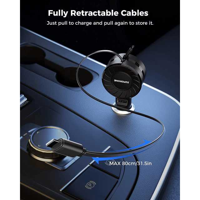 Cargador de coche retráctil con cables retráctiles, pequeño