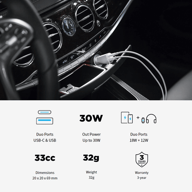 Cargador de coche 30D 30W USB-C, 2 puertos | Carga rápida (U