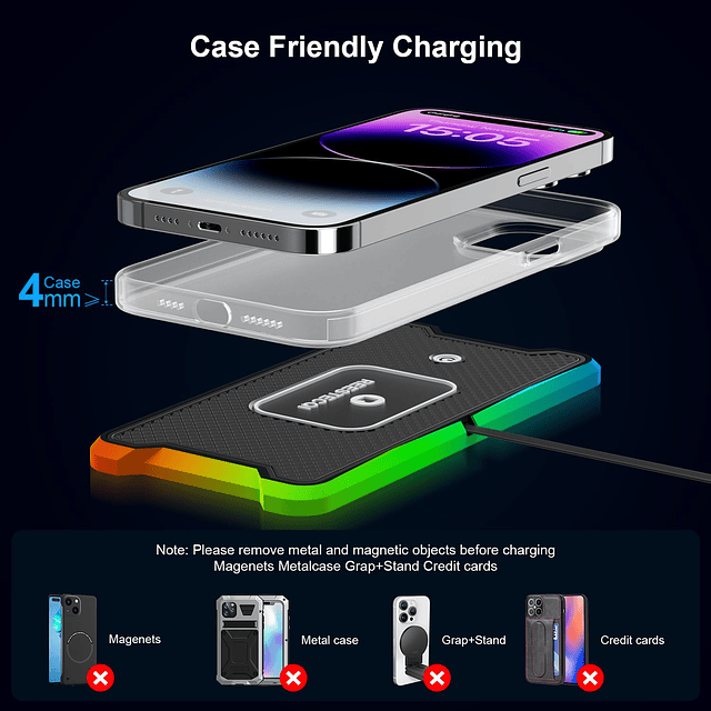 Cargador Inalámbrico para Coche, 15W RGB Cargador Inalámbric