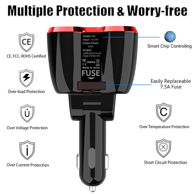 Divisor de encendedor de cigarrillos QC 3.0, adaptador de ca