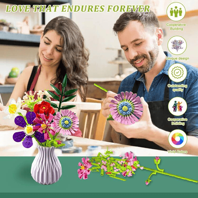 Juegos de construcción de ramo de flores con jarrón, bloques