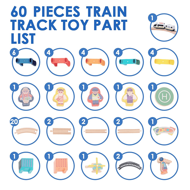 Juego de 60 vías de tren de madera, longitud de vía de 203 p