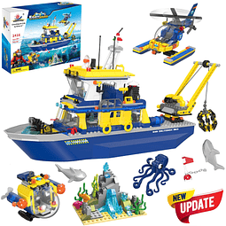 City Ocean Exploration Ship Building Toy Set, con submarino,